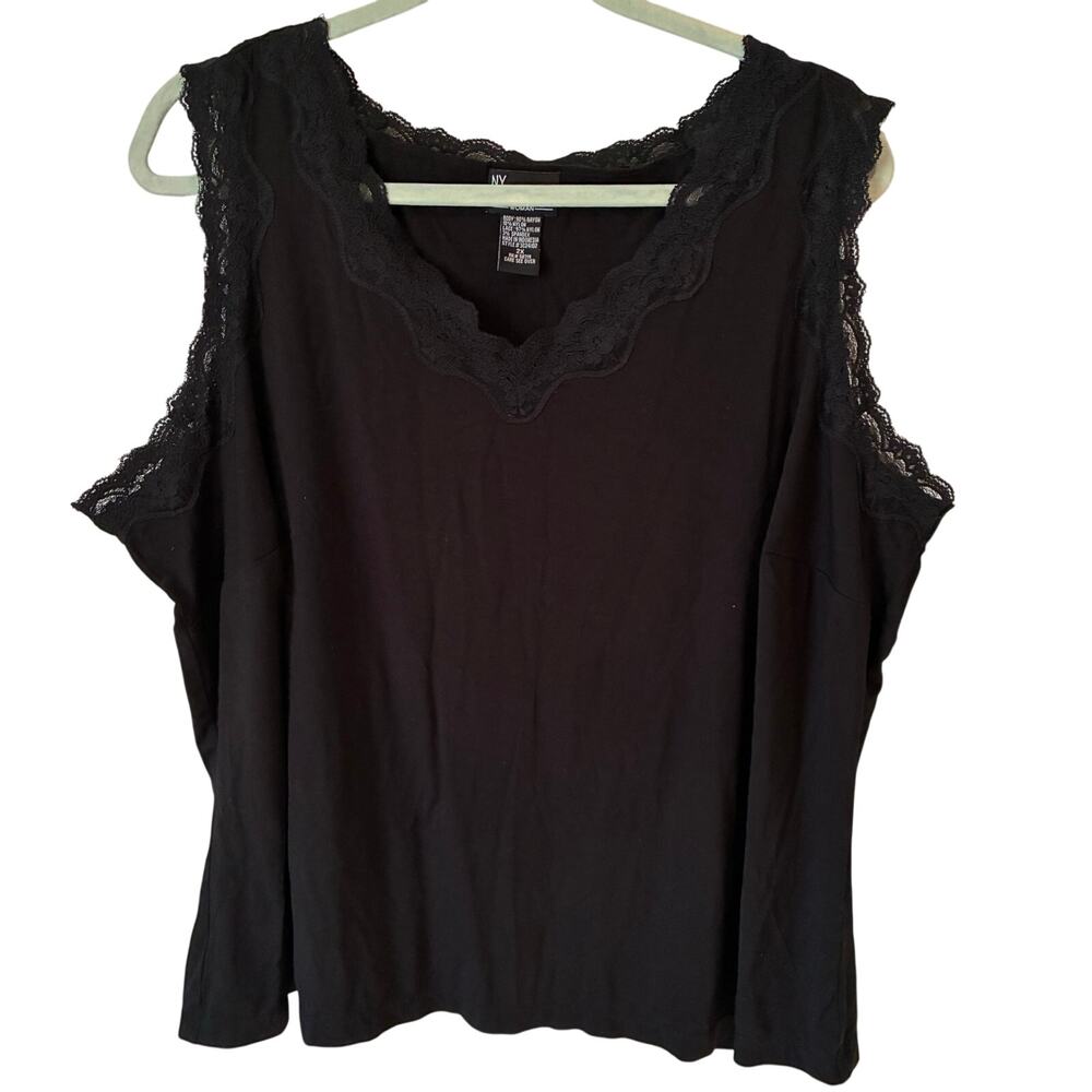 NY Collection Tank Top Cami Women's 2X Black Lace Trim V-Neck Sleeveless NWOT